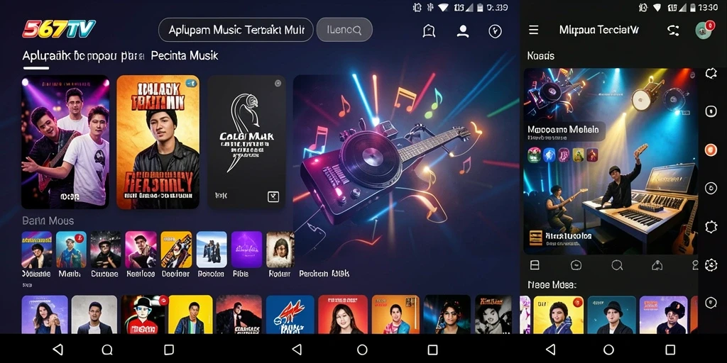 Screen utama 567TV menampilkan berbagai genre musik yang menarik.