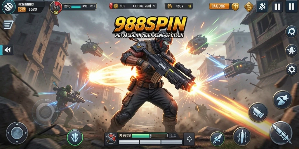 Gambaran aksi mendebarkan di 988SPIN dengan karakter berjuang.