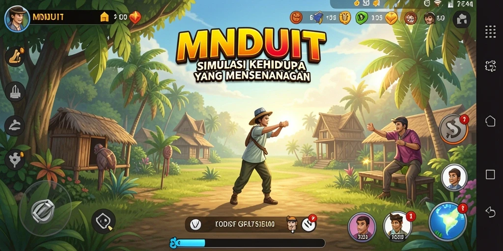 Tampilan gameplay MNDUIT dengan berbagai aktivitas interaksi karakter.